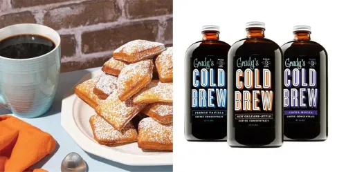 Glass of cold brew next to a plate of beignets (left) and three glass jars of Grady's Cold Brew (right)